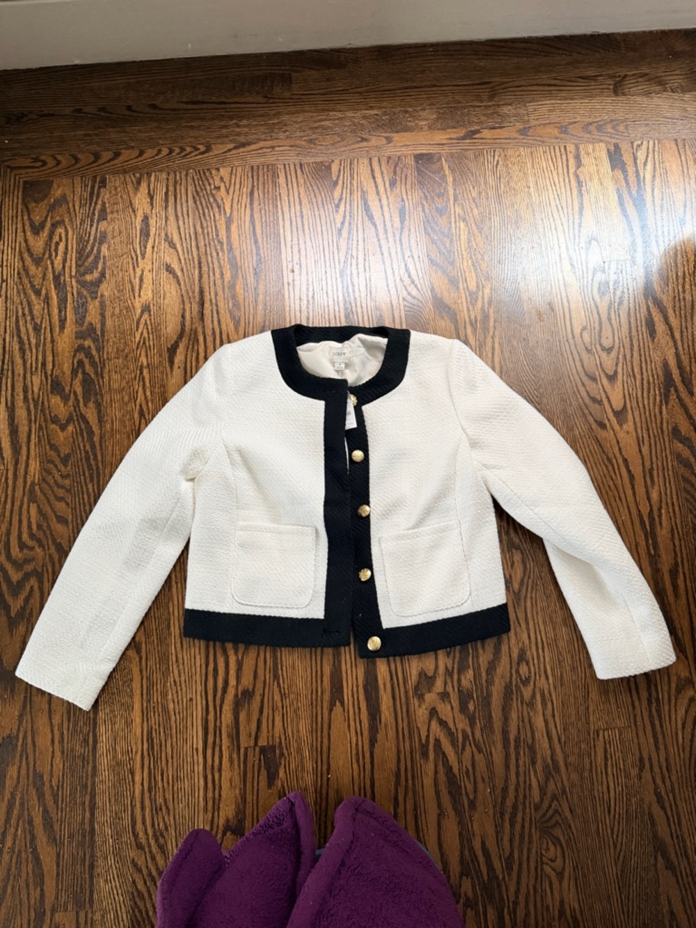 J Crew White Textured tweed Jacket with Black Trim 4